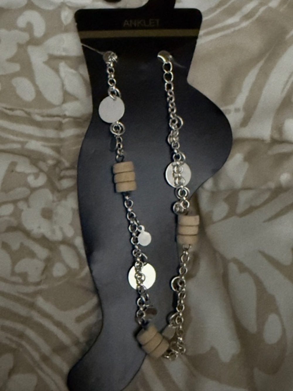 Beige Bead and Silver Disc Anklet - Unbranded